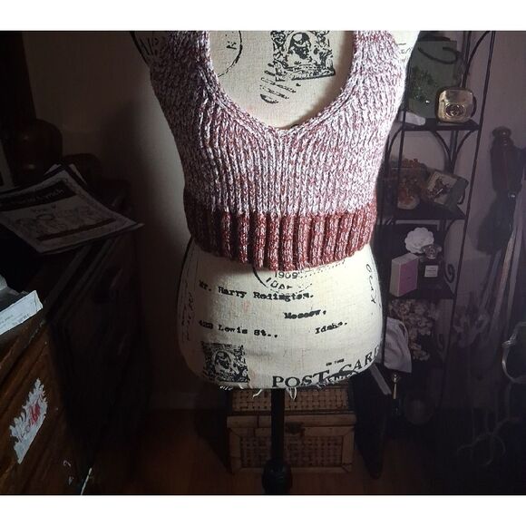 FREE PEOPLE Knit Halter Top - Burgundy and White Size Small Petite - Picture 3 of 14